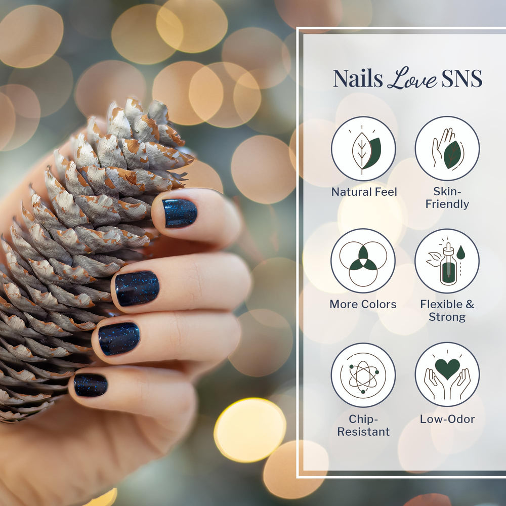 SNS Holidazzle Whispering Evergreen dip powder jar closeup for long-lasting color.