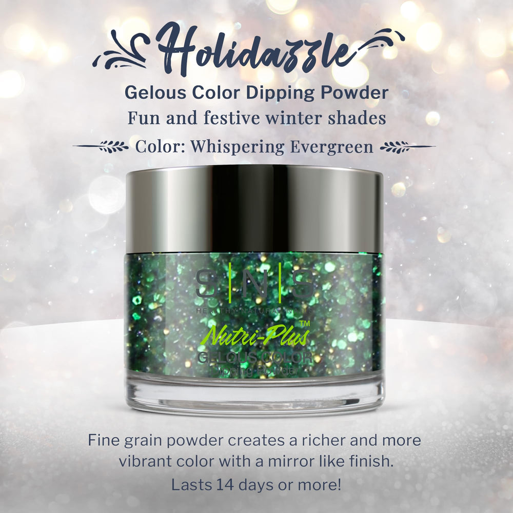 SNS Holidazzle Whispering Evergreen glitter detail for shimmering finish.
