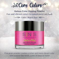 SNS Beach Hair swatch shows pink-magenta-cream blend with a mirror-like finish.