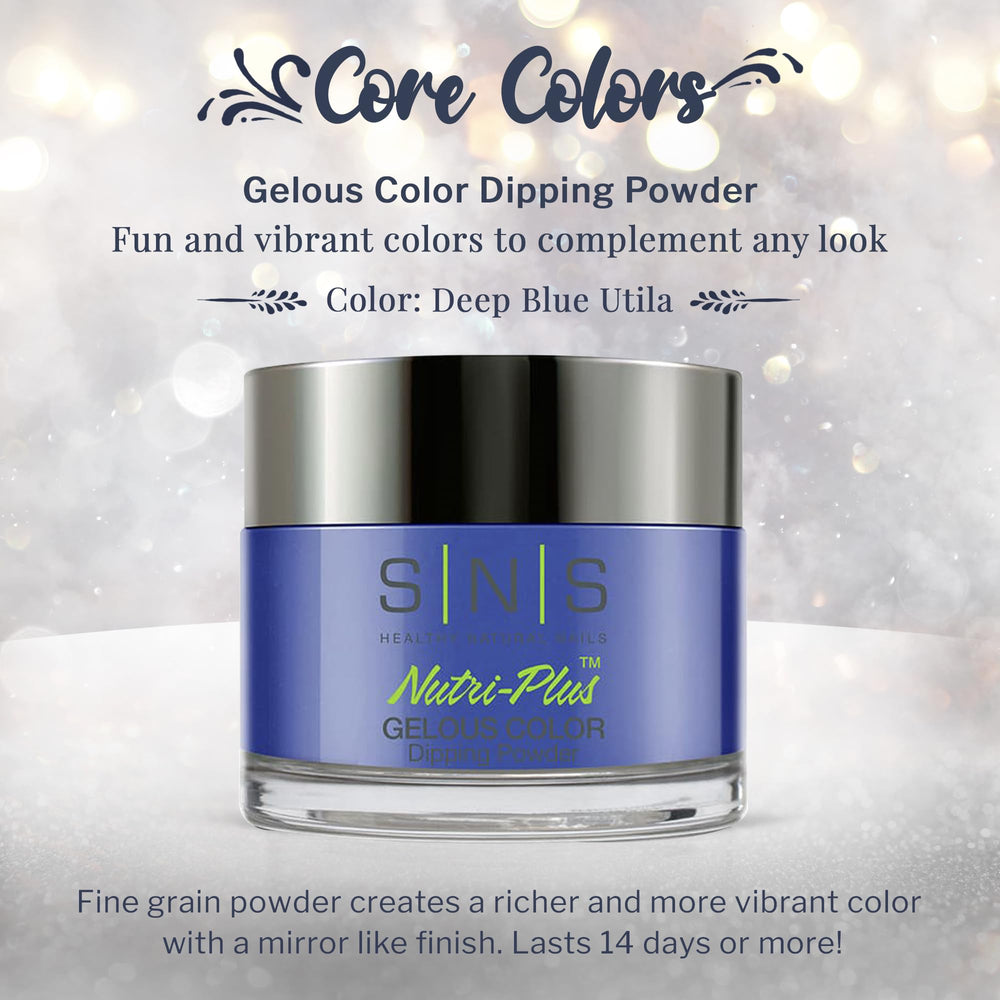 SNS Nail Dip Deep Blue Utila swatch highlights vibrant shade with salon appeal.