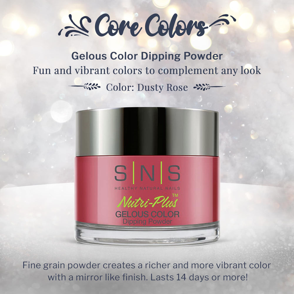 SNS Nail Dip Powder Dusty Rose jar close-up highlights shimmer and instant color.