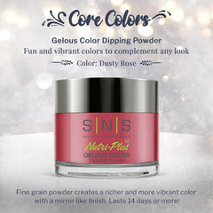 SNS Nail Dip Powder Dusty Rose jar close-up highlights shimmer and instant color.