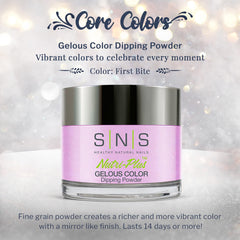 SNS Nail Dip Powder First Bite on nails demonstrates long-lasting color with shimmer.