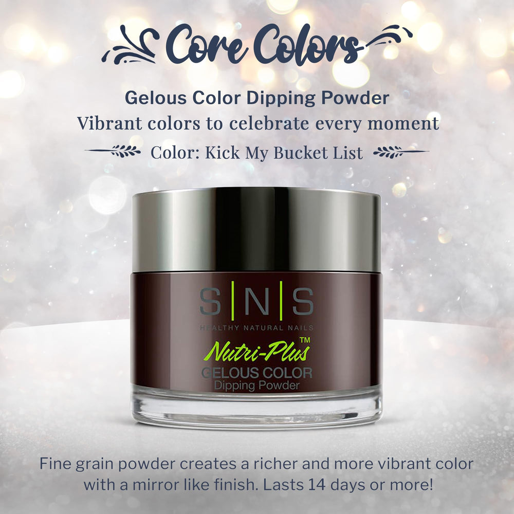 SNS Nail Dip Powder Kick My Bucket List Brown color swatches demonstrate deep, salon-quality tones