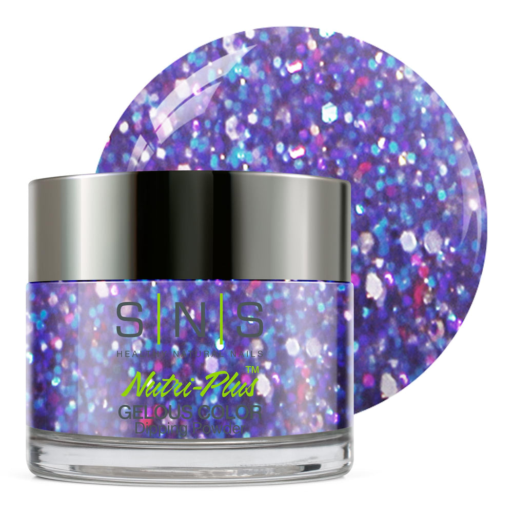 SNS Macaroni Chill bottle close-up shows purple-blue shimmer for salon-quality color.