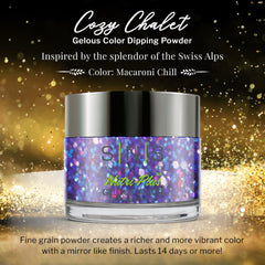 SNS Macaroni Chill dip powder swirl reveals rich violet-indigo glitter finish.