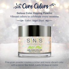 SNS Nail Dip Powder Angel Dust swatches reveal rich color depth for long-lasting manicures.