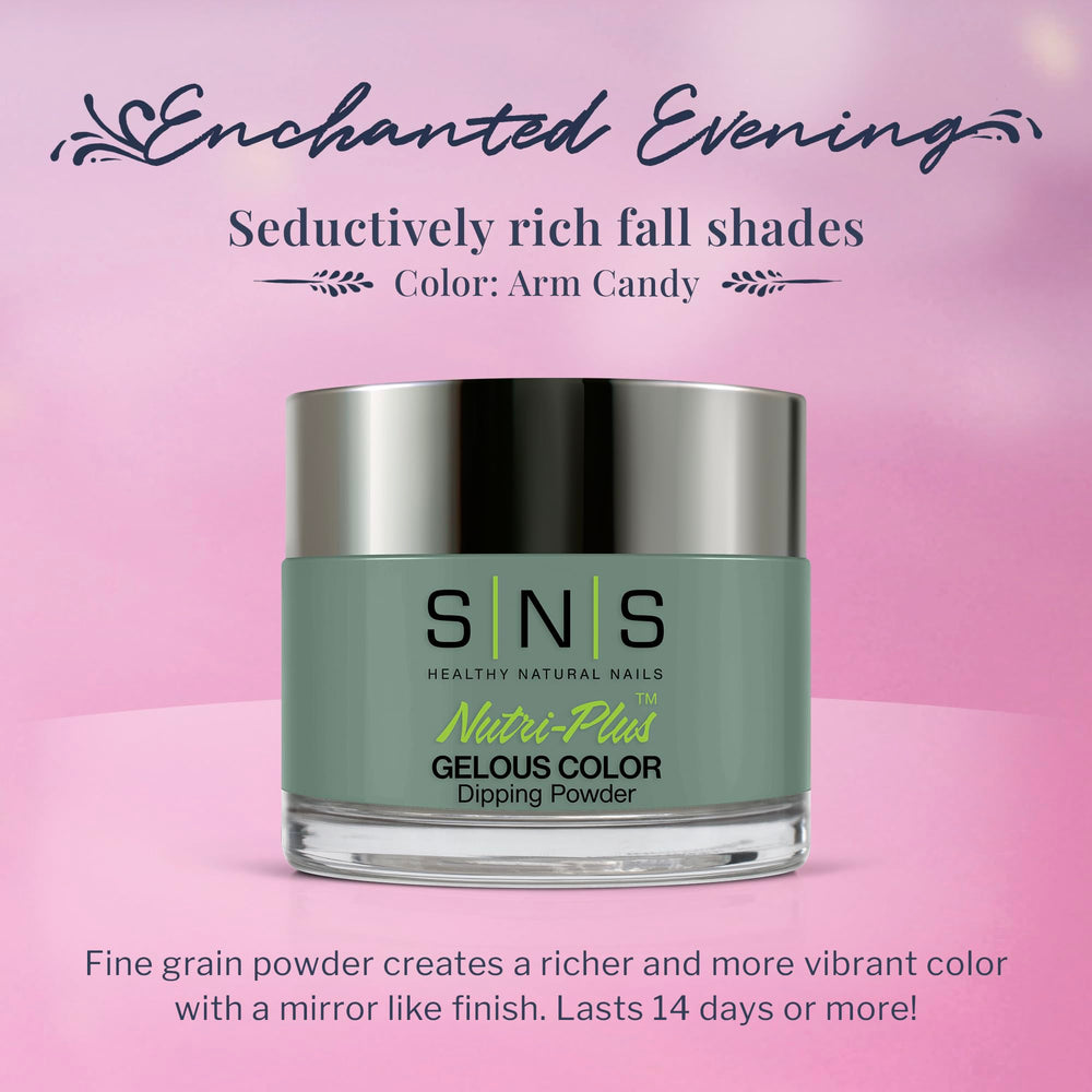 SNS Nail Dip Powder Arm Candy jar close-up highlighting fine-grain formula for vibrant color