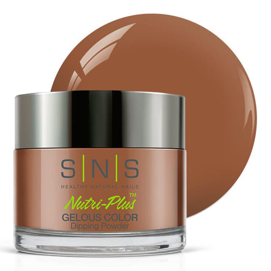 SNS Britania Mocha jar swatch showing rich brown shimmer for at-home nails.