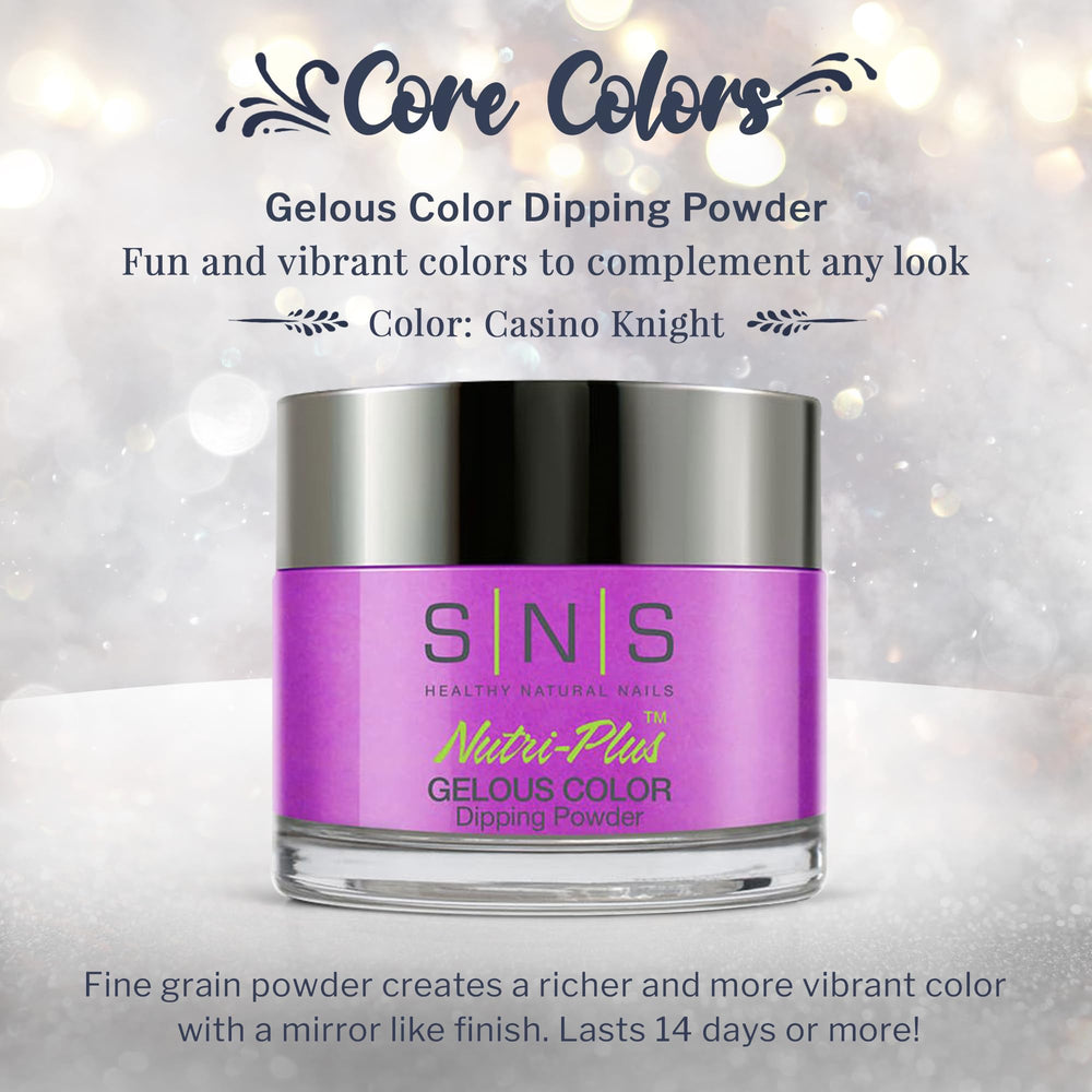 SNS Nail Dip Powder Casino Knight purple-magenta swatch highlights rich, bold manicure.