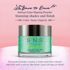 SNS dip powder color swatch in green shows rich, vibrant finish