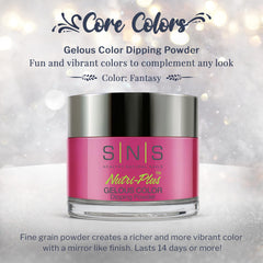 SNS Fantasy color swatch shows vibrant pink-fuchsia-cream shade for at-home manicures.