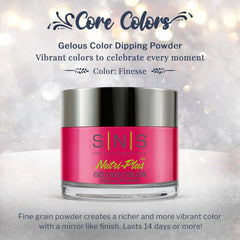 SNS Nail Dip Powder Finesse jar label shows rich color and low-odor formula