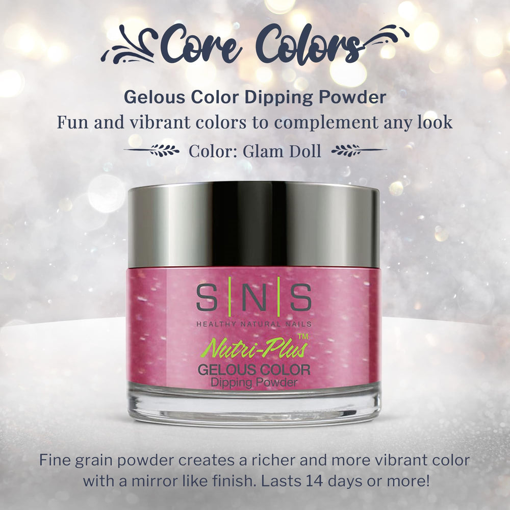 SNS Glam Doll on nails shows shimmering pink-fuchsia finish and depth