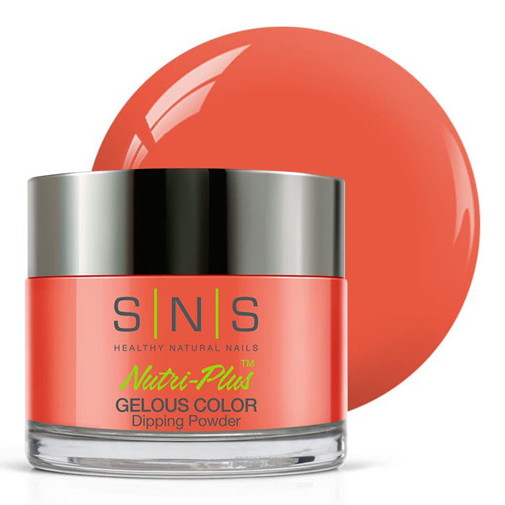 SNS Nail Dip Powder Grand Canyon Sunrise swatch showing a vibrant orange cream finish with lasting shine