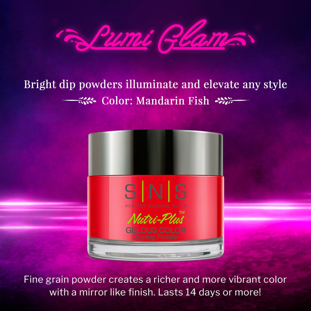 SNS Nails Mandarin Fish dip powder applied on nails for long-lasting vibrant finish.