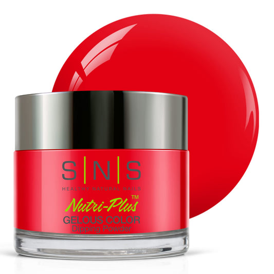 SNS Nails Mandarin Fish dip powder in jar shows bold neon red color for at-home nails.