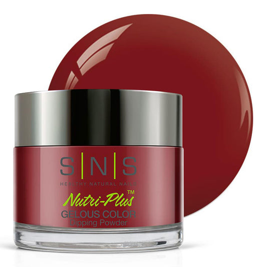 SNS Nails PS I Love You jar closeup showing rich red-burgundy cream color