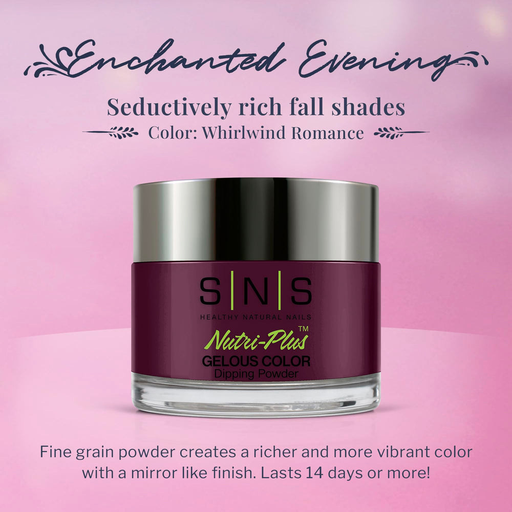 Swatch on nail of SNS Whirlwind Romance purple dip powder