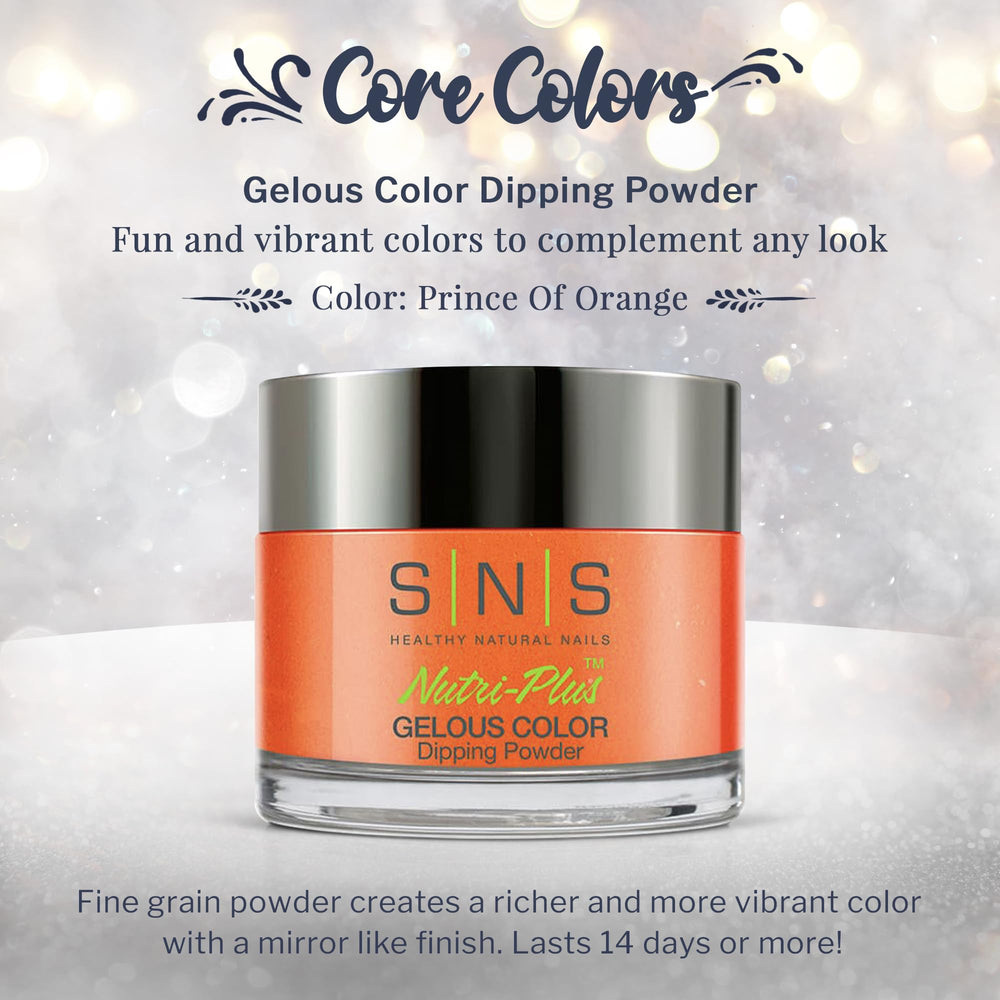 SNS Nail Dip Prince Of Orange swatches on nails illustrate long-lasting color and shine.