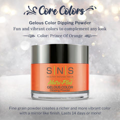 SNS Nail Dip Prince Of Orange swatches on nails illustrate long-lasting color and shine.