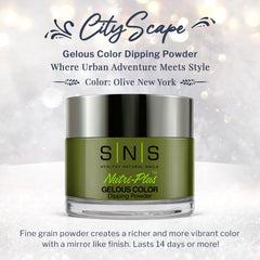 SNS Olive New York dip powder jar closeup highlights a creamy finish and smooth application.