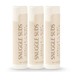Snuggle Suds grass-fed tallow lip balm pack provides deep hydration for dry lips.