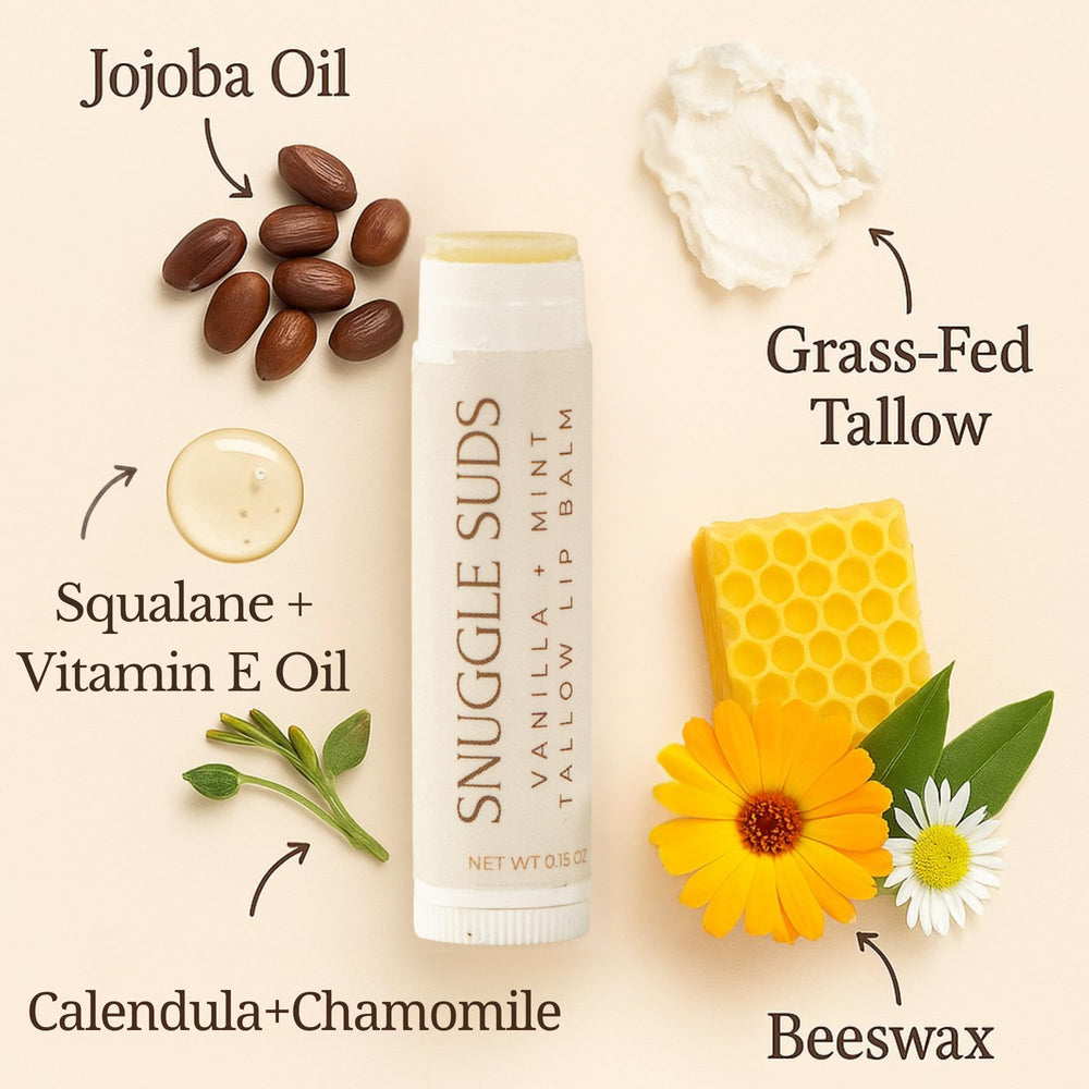 Close-up of Snuggle Suds grass-fed tallow lip balm showing rich texture.