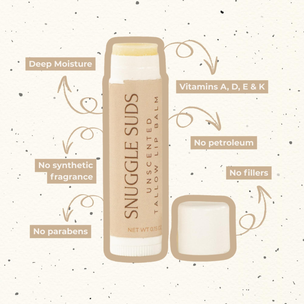 Handmade in the USA Snuggle Suds lip balm packaging and branding.