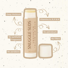 Handmade in the USA Snuggle Suds lip balm packaging and branding.