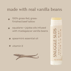 Snuggle Suds vanilla bean infusion lip balm front view with comforting scent.