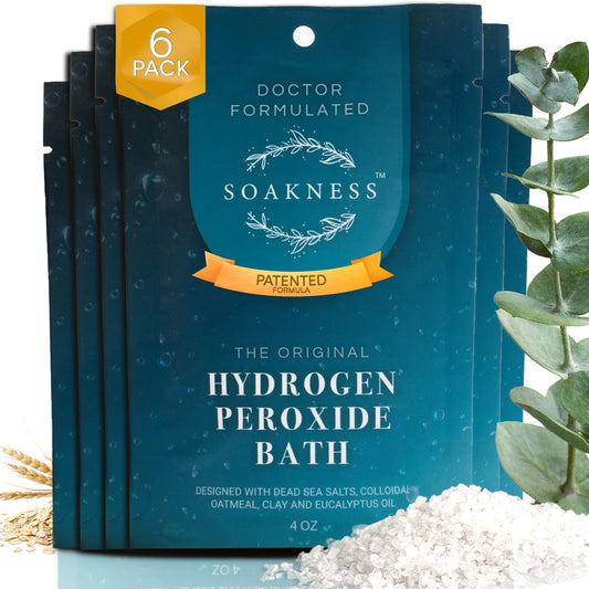 Soakness hydrogen peroxide bath salts packaging highlights patented formula for at-home detox