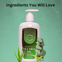 Soakness Tea Tree Hand Soap packaging box emphasizing design and branding