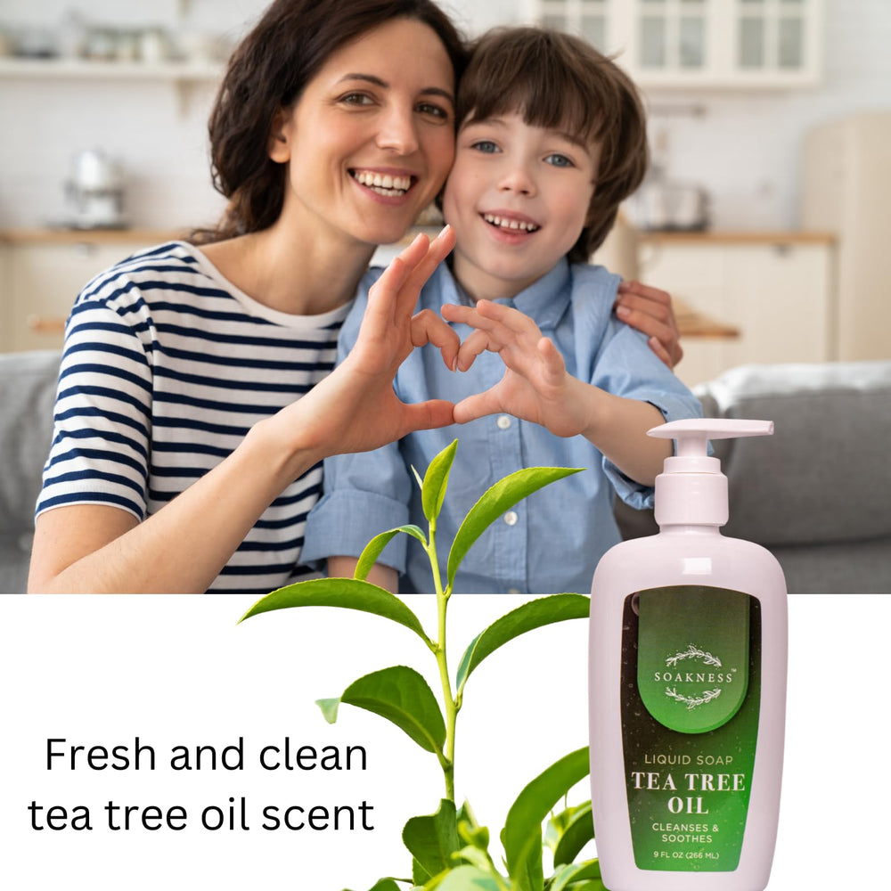 Soakness Tea Tree Hand Soap on sink for everyday comfort after chores