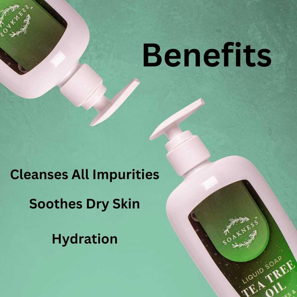 Soakness Tea Tree Hand Soap tea tree leaves beside bottle and aroma