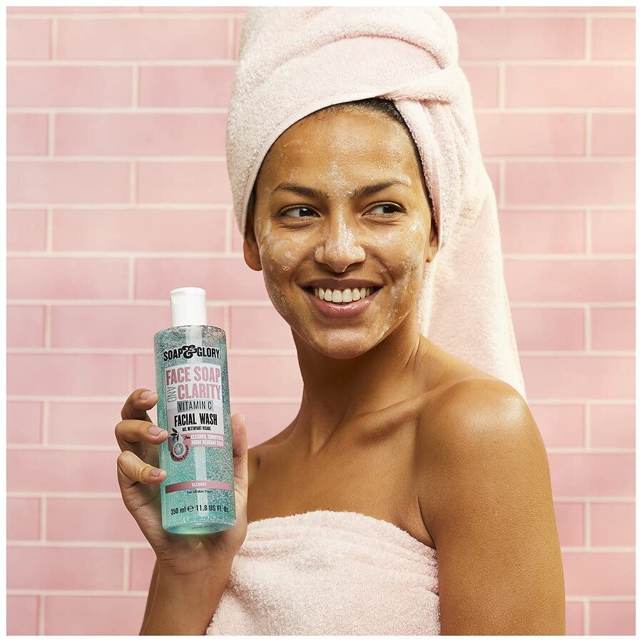 Soap & Glory bottle beside towel highlights daily cleansing routine.