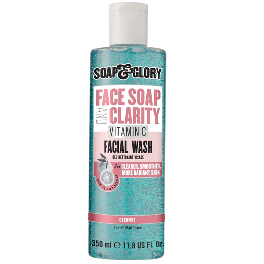 Soap & Glory Vitamin C Brightening Facial Cleanser bottle with foamy lather for radiant skin.