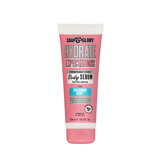 Soap & Glory Hydrate Expectations bottle front, vibrant pink packaging for daily hydration.