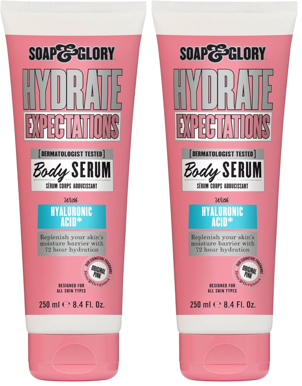 Soap & Glory Hydrate Expectations bottle-pour demonstrates quick hydration for smooth skin.