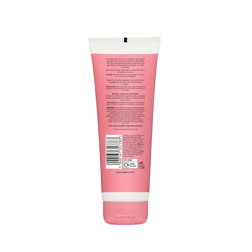 Soap & Glory Hydrate Expectations bottle side, details visible, highlighting lightweight glow.