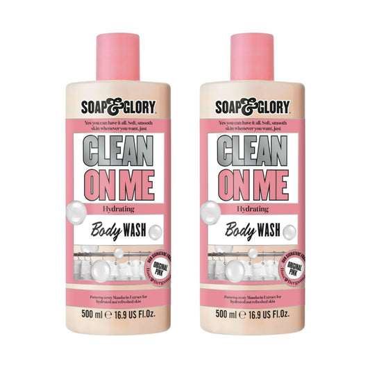 Soap & Glory Original Pink Clean On Me bottle highlighting bergamot-rose scent for a refreshing shower.