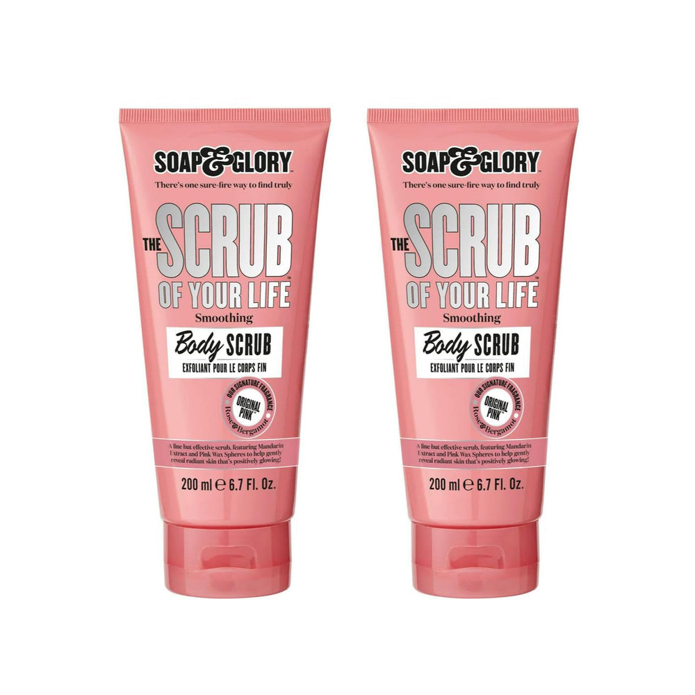 Soap & Glory Original Pink Scrub Life jar shown with creamy exfoliant for smooth skin