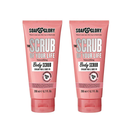 Soap & Glory Original Pink Scrub Life jar shown with creamy exfoliant for smooth skin