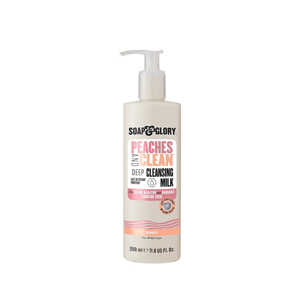Soap & Glory Peaches Cleanser bottle promoting gentle cleansing and hydration