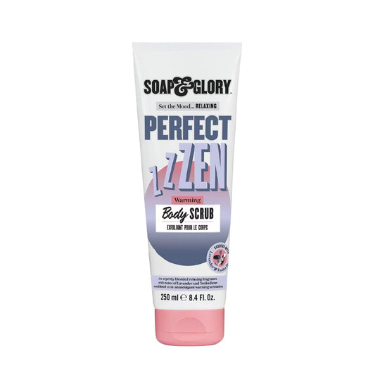 Soap & Glory Perfect Zen Scrub bottle shows warming exfoliation for a relaxing routine