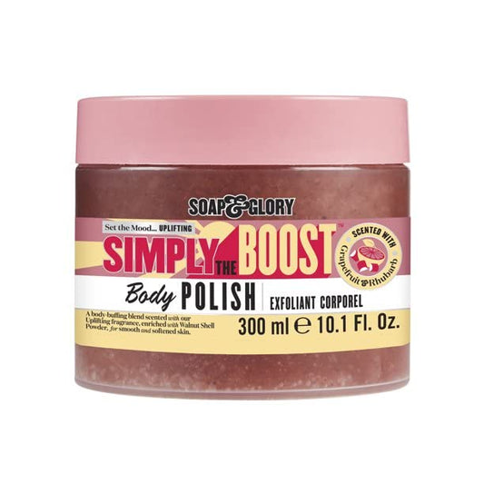 Soap & Glory Simply The Boost Scrub packshot with jar, implying smoothing benefits