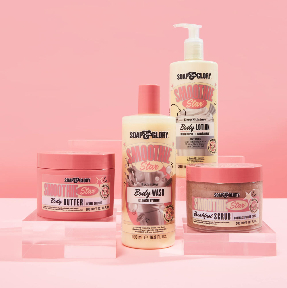 Soap & Glory Smoothie Star cocoa butter highlights skin-softening ingredients.