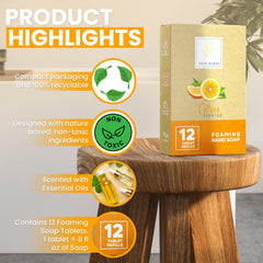 Soap Sense tablets arranged with citrus fragrance highlighting compact, travel-friendly solution.
