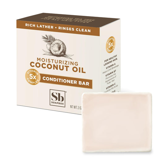 Soapbox hair conditioner bar with coconut oil close-up, emphasizing deep moisture