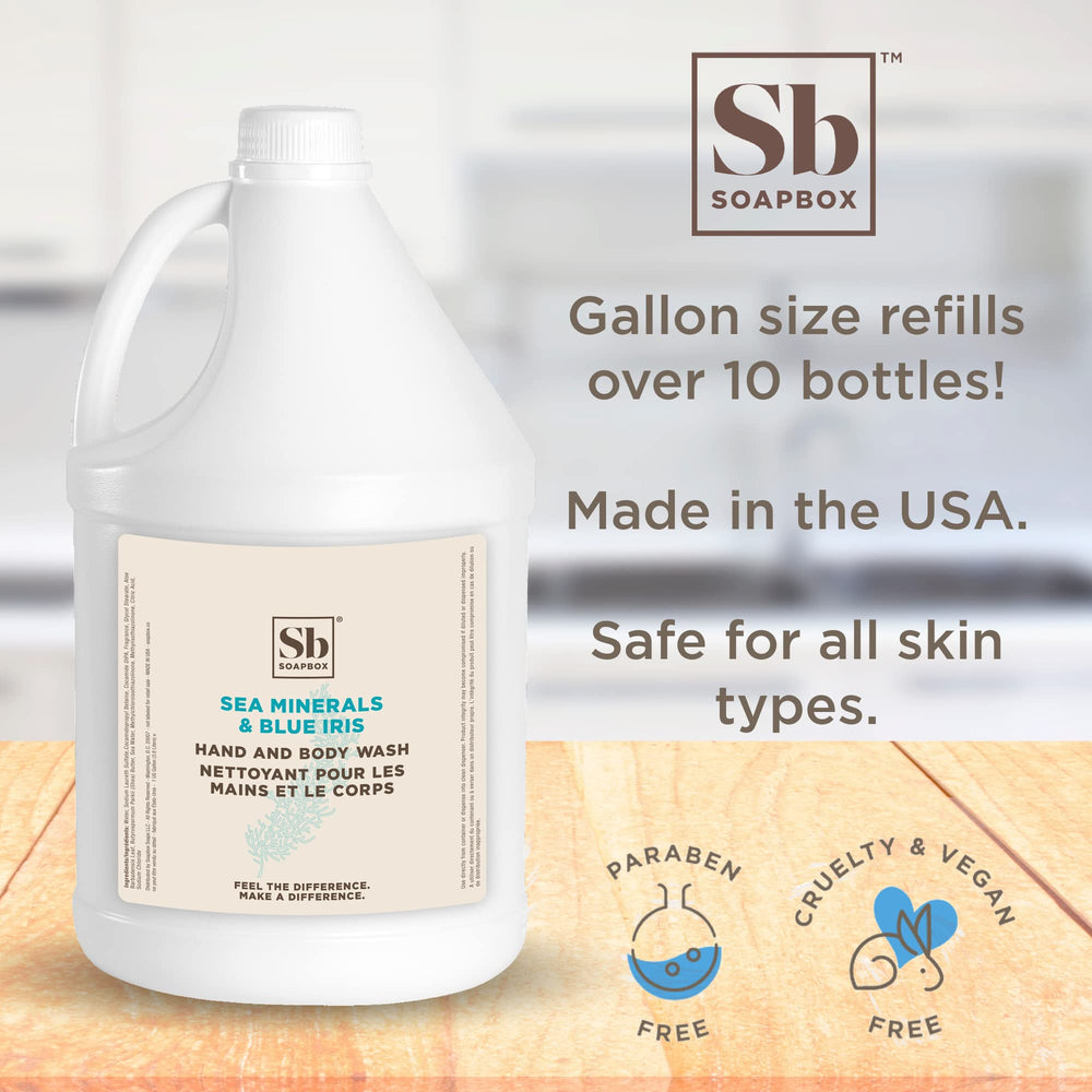 Soapbox liquid hand soap sea minerals blue iris foam close-up showing rich lather.